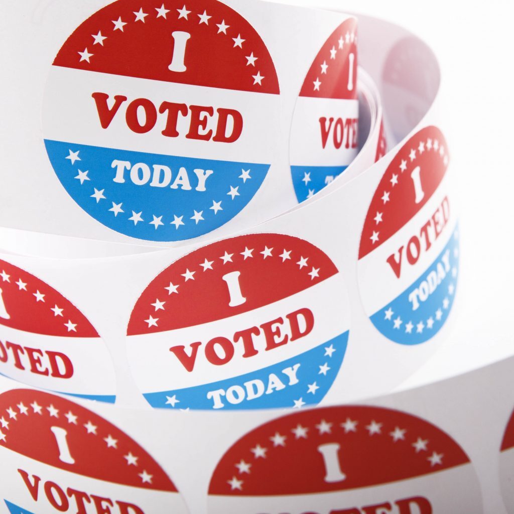 Vote political election stickers with patriotic American Stars and Stripes on white background